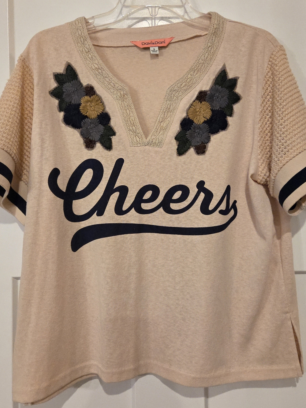 97. DAVI & DANI Short Sleeve 'Cheers' Embroidered Knit Top